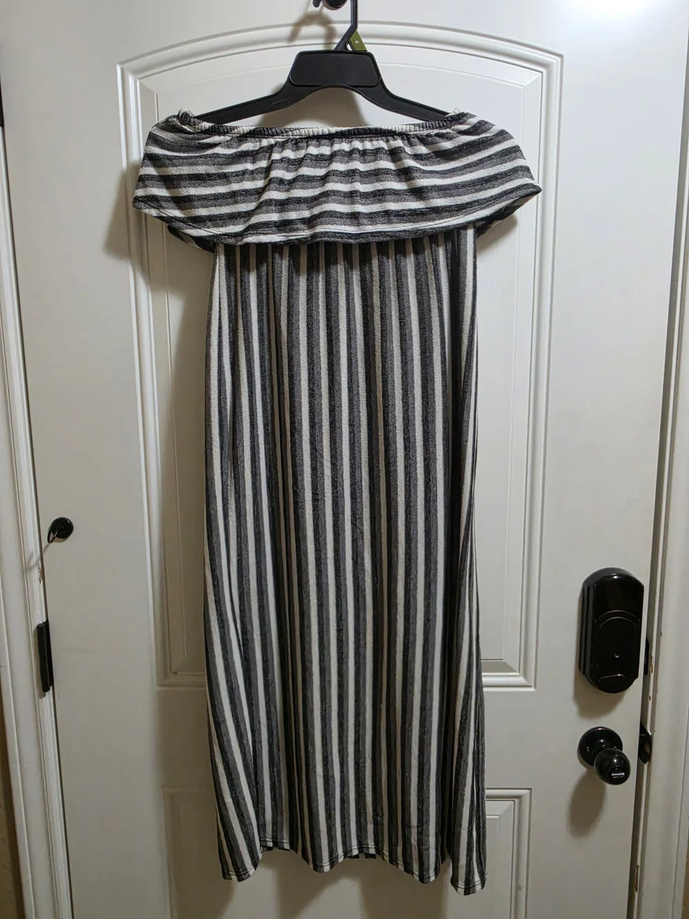 off shoulder black and white striped dress Women's Black/White/Striped Off-the-shoulder White Ribbed Knit Material Midi Length Striped Pattern Off Off-the-shoulder striped knit dress -